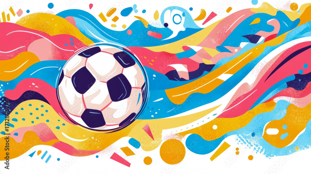 Poster vibrant abstract illustration of soccer ball amidst dynamic flow of colorful shapes and patterns rep