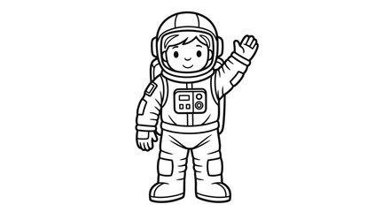 Friendly Cartoon Astronaut Waving Hand, Isolated White Background, Coloring Book Style