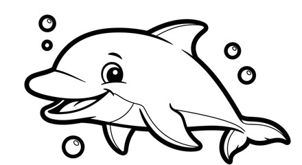 Happy Cartoon Dolphin Swimming and Smiling with Bubbles, Isolated White Background, Coloring Book Style