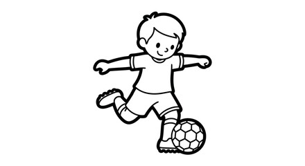 Energetic Cartoon Young Boy Kicking a Soccer Ball, Isolated White Background, Coloring Book Style