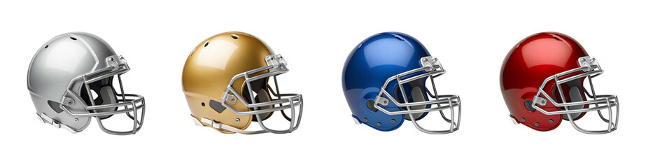 Colorful American Football Helmets – Silver, Gold, Blue, Red Gear Display
