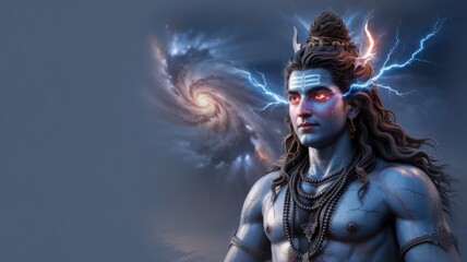 The images of Lord Shiva radiate a powerful and serene presence. His eyes sparkle with bright electric blue flashes. A photo with a place for the text.