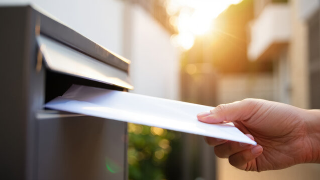 Close-up of a hand placing a white envelope into a modern metal mailbox, with warm sunlight and blurred outdoor background, symbolizing sending letters or important correspondence
