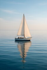 Fototapeta premium White sailboat floating on calm blue water