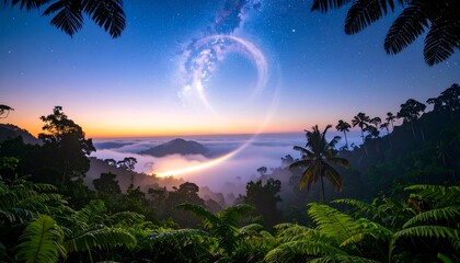 Tropical Forest at Twilight with Fog and Starry Sky Landscape