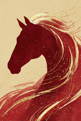 Golden silhouette of horse integrated into abstract chinese brush strokes on cream background with fine sparkles, modern take on 2026 new year card
