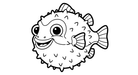 Happy Cartoon Pufferfish Smiling, Isolated White Background, Coloring Book Style