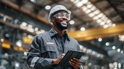 Smiling Industrial Worker with Tablet in a Factory.