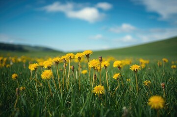 Vibrant yellow dandelion blossoms against lush green grass