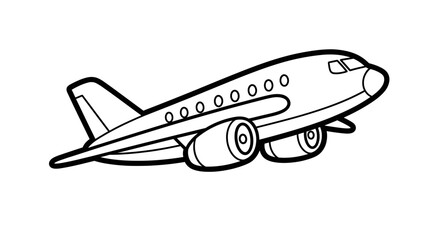 A cartoon-style airplane illustration, depicted in black and white outline, showing a passenger jet in flight.