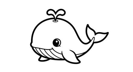 Happy Cartoon Baby Whale Swimming, Cute Marine Animal with Water Spout on Isolated White Background.