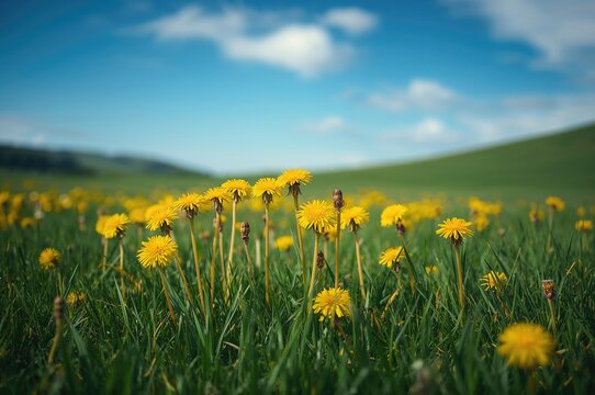 Vibrant yellow dandelion blossoms against lush green grass