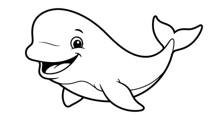 Cheerful cartoon beluga whale, swimming happily, outlined drawing, ready for coloring.