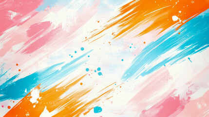 Energetic abstract painting with dynamic diagonal brushstrokes in cheerful pink, vibrant orange, and bright blue, featuring playful paint splatters on clean white background, conveying modern artistic