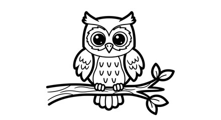 A cartoon owl perched on a tree branch, depicted in black and white.