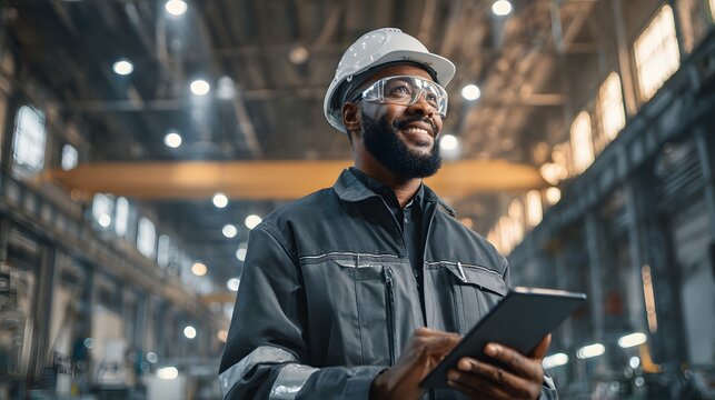 Smiling African-American Factory Worker with Tablet in Industrial Setting. - Powered by Adobe