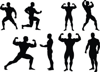 Bodybuilding silhouette poses, muscular man illustration, fitness strength artwork, gym training design, athlete flexing vector, workout graphic, sports competition, anatomy study, health motivation