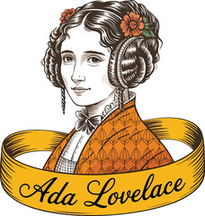 Portrait of Ada Lovelace in vintage style with floral accents and ribbon woman female