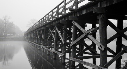 A long, weathered wooden bridge spans a still body of water, shrouded in a misty morning light.