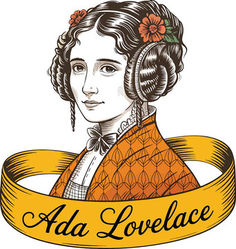 Portrait of Ada Lovelace in vintage style with floral accents and ribbon woman female