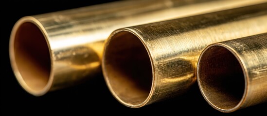 Naklejka premium Close-up of Three Brass Tubes, Gold Tones, Industrial Texture