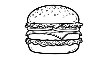 A black and white illustration of a delicious, layered hamburger with sesame seeds.