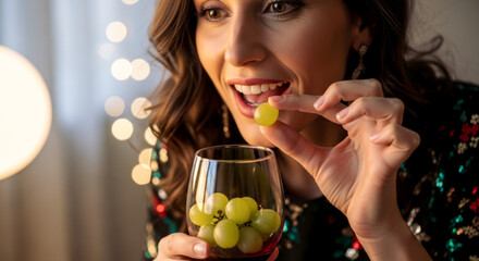 Delighted Young Caucasian Woman Eating Grapes at a New Year's Eve Party