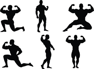 Bodybuilding silhouette poses, muscular man illustration, fitness strength artwork, gym training design, athlete flexing vector, workout graphic, sports competition, health motivation, power