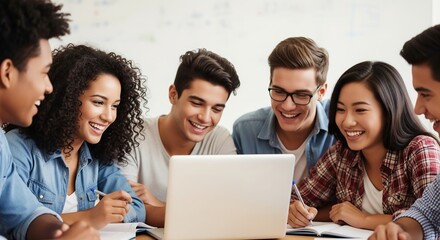 Close-up of multiethnic high school students happily collaborating on a laptop during group study in a bright classroom, capturing diverse faces full of engagement and support, ideal for educational a