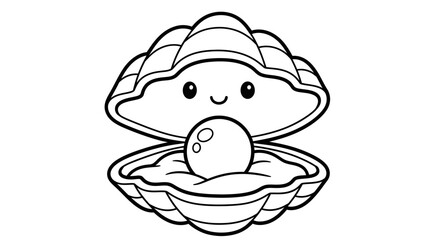 A cartoon-style illustration of an open seashell with a pearl inside and a cute, smiling face.