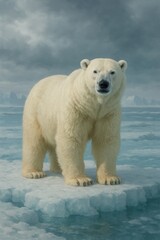Fototapeta premium Powerful polar bear standing on floating ice in the Arctic ocean with dramatic cloudy sky