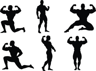 Bodybuilding silhouette poses, muscular man illustration, fitness strength artwork, gym training design, athlete flexing vector, workout graphic, sports competition, health motivation, power, anatomy