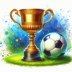 Fototapeta premium The gold cup towers over the soccer ball on the green grass, creating an impressive scene. Bright splashes of colors on the background add dynamics and festive mood.