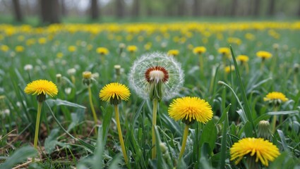 Obraz premium Vivid yellow dandelion flower growing in a vibrant green meadow
