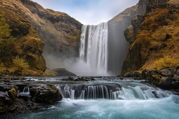 A Stunning Cascade Drops From a Tall Rock Face Into a Swift River Stream