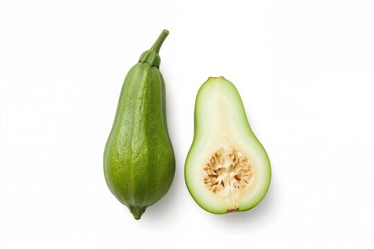 Entire and Cut Pointed Gourd Potol Against a White Backdrop