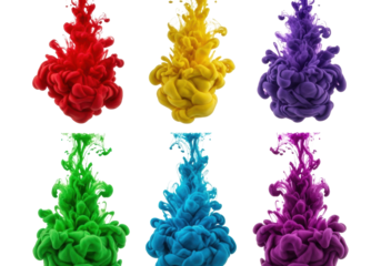 Seven vibrant red, orange, yellow, green, light blue, dark blue, purple ink plumes swirl fluidly in clear water against a transparent background with copy space, showcasing liquid art