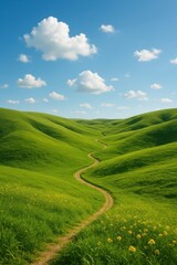 Obraz premium Scenic countryside with green rolling hills, blue sky, and winding dirt path