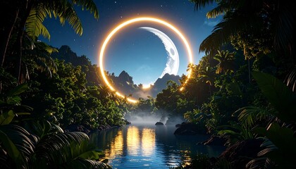 Tropical River Landscape with Glowing Ring and Moon at Night