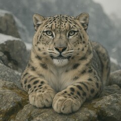 Snow Leopard Resting on Rocks in Winter