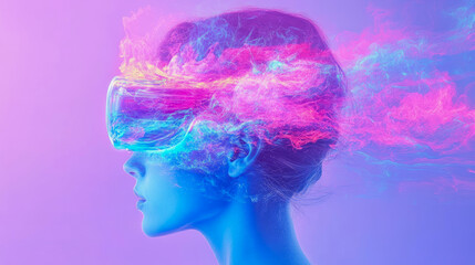Fototapeta premium Immersive Virtual Reality Journey: Profile of Digital Consciousness and Abstract Neon Energy Flowing from Futuristic Headset in Pink and Blue