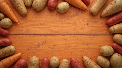 Yams and baking potatoes positioned on a painted wooden background to create a decorative page edge