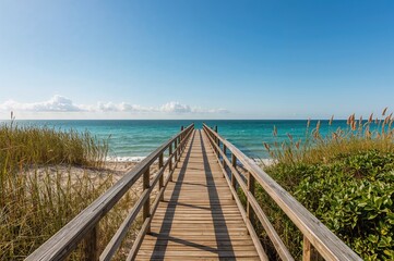 Timber pier by the coastline encircled by tall grasses under a clear sky, summer vibe, natural scenery, wooden structure, seaside view, oceanic beauty, nature landscape