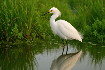 Obraz premium In a tranquil marsh, a snowy egret with bright white plumage stands amidst green plants, reflected perfectly in the glassy water surface.