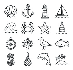 Obraz premium Nautical icons featuring lighthouse, anchor, shell, and marine life elements