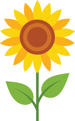 Bright yellow sunflower illustration with green stem and leaves on white background