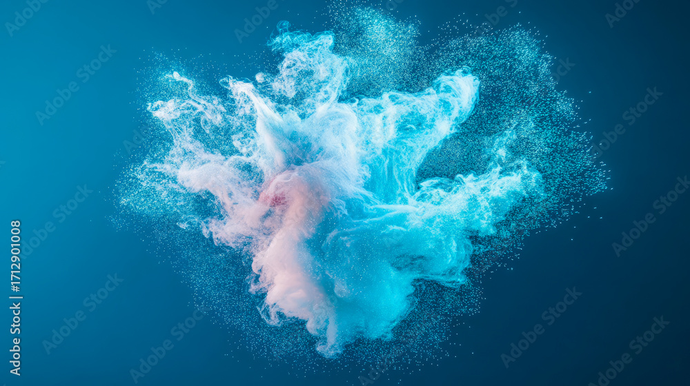 Poster mesmerizing abstract explosion of vibrant turquoise and soft peach pigments dispersing energetically