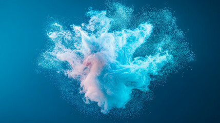 Mesmerizing Abstract Explosion of Vibrant Turquoise and Soft Peach Pigments Dispersing Energetically into Fluid Cloud of Particles Against Serene Blue Backdrop
