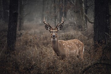 Untamed deer roaming through woodland