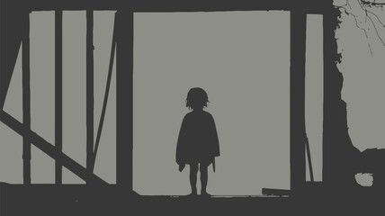 Eerie silhouette of a child standing in the doorway of a spooky old house illustration